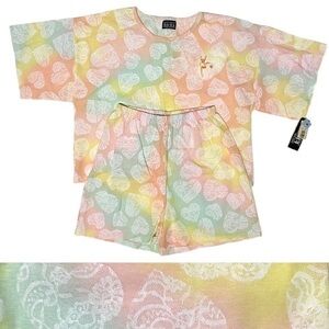 Vintage NWT Tee Shorts Set Pastel Watercolor Lace Hearts Cotton Blend USA Medium